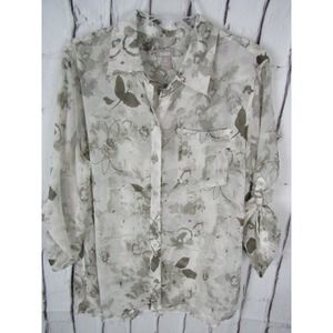 Chico's Women Tan Floral Collar Button Down Size 2 Long Sleeve Top